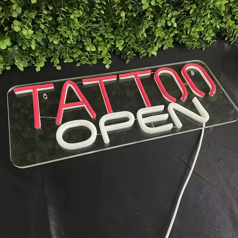 "Tattoo Open" LED Neonreklam – Röd & Vit
