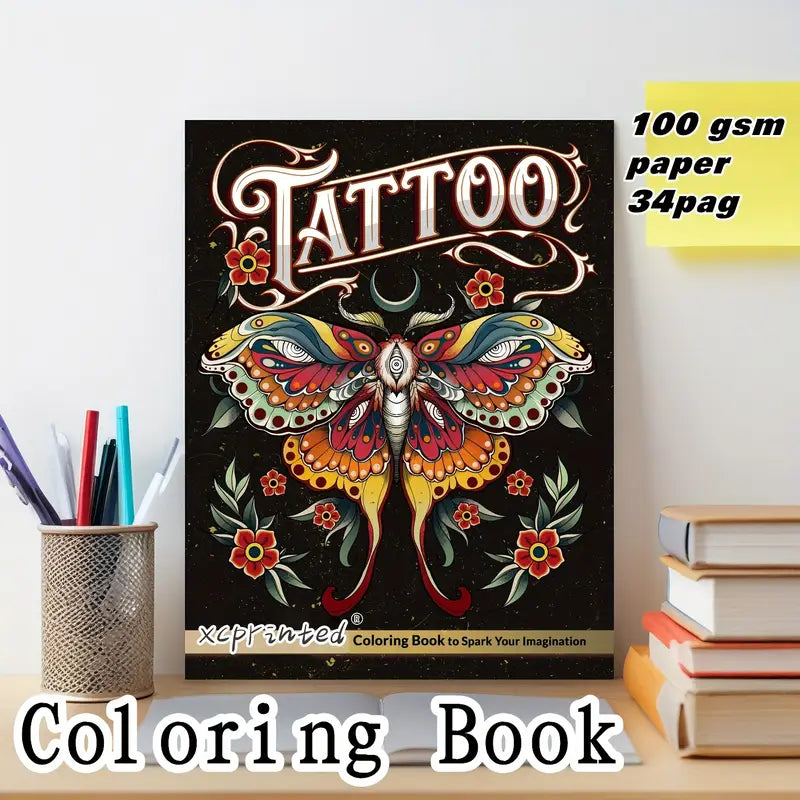 34-sidig Målarbok för Vuxna – Mandala & Tatueringstil (21×29,7 cm)